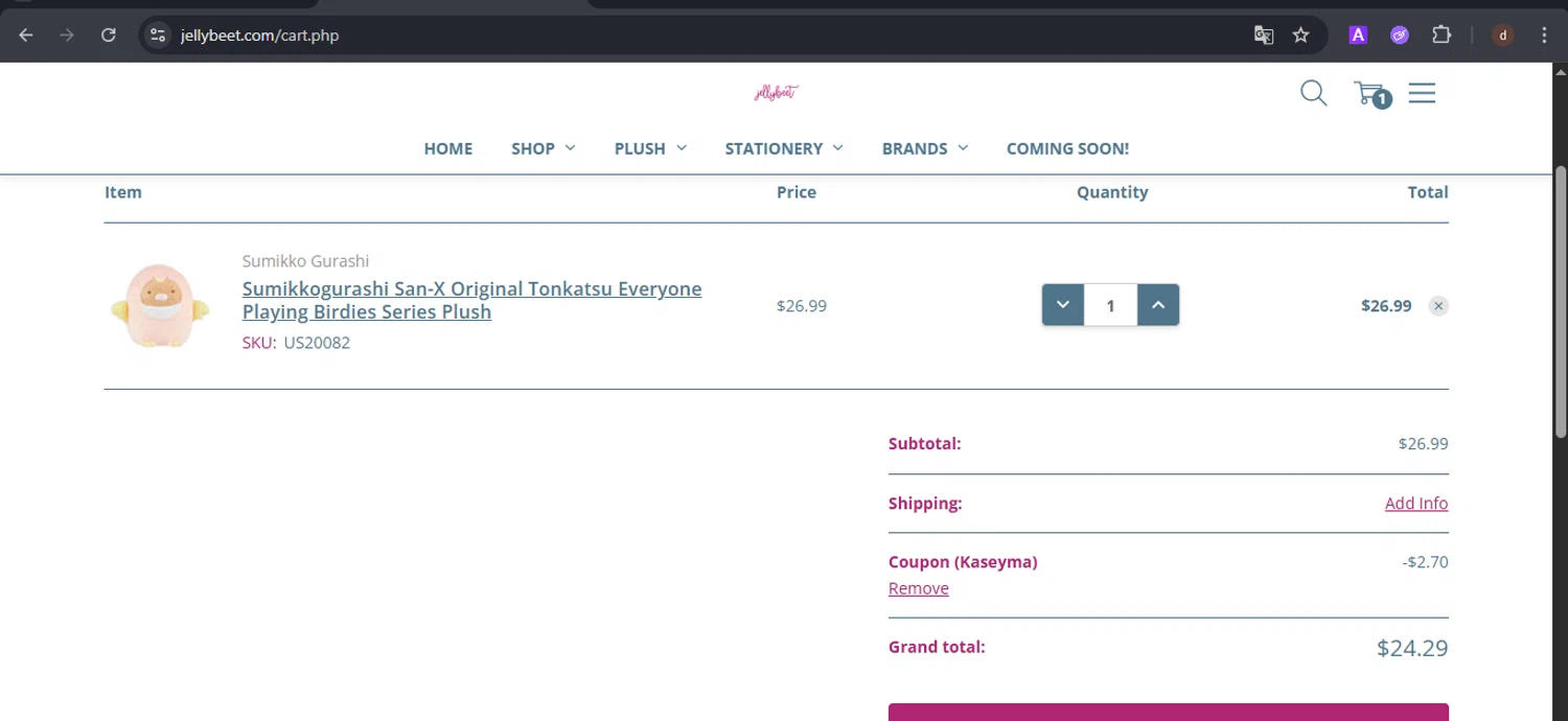 Jellybeet promo code screenshot showing code Kaseyma applied at Jellybeet checkout page. Uploaded by SimplyCodes community member VoucherSpotter9376 on Dec 10, 2025