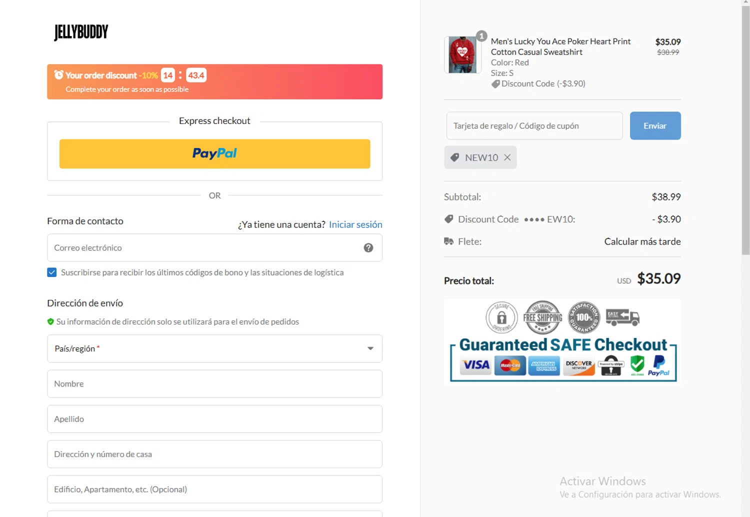 Jellybuddy coupon code screenshot showing code NEW10 applied at Jellybuddy checkout page. Uploaded by SimplyCodes community member SwiftPhoenix267 on Jan 13, 2025