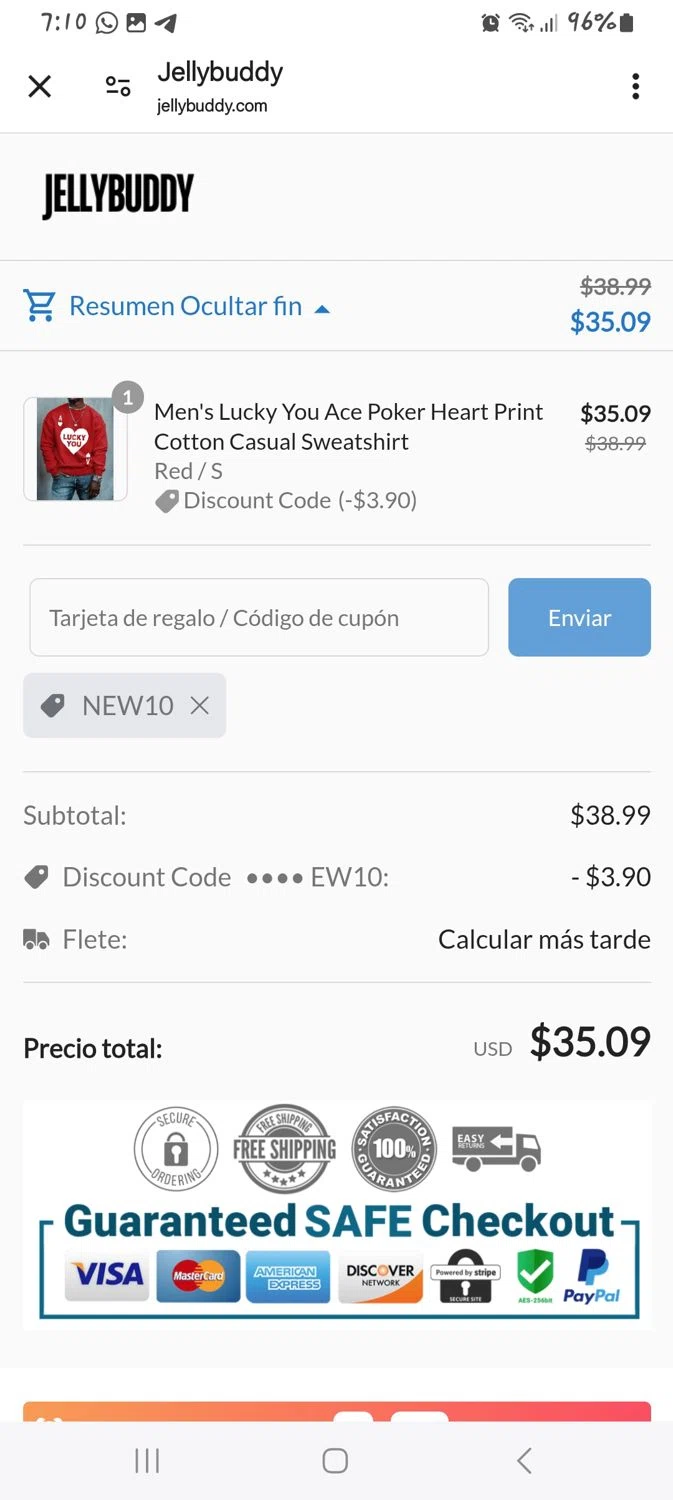 Jellybuddy coupon code screenshot showing code NEW10 applied at Jellybuddy checkout page. Uploaded by SimplyCodes community member melidadcolina53c226 on Jan 28, 2025