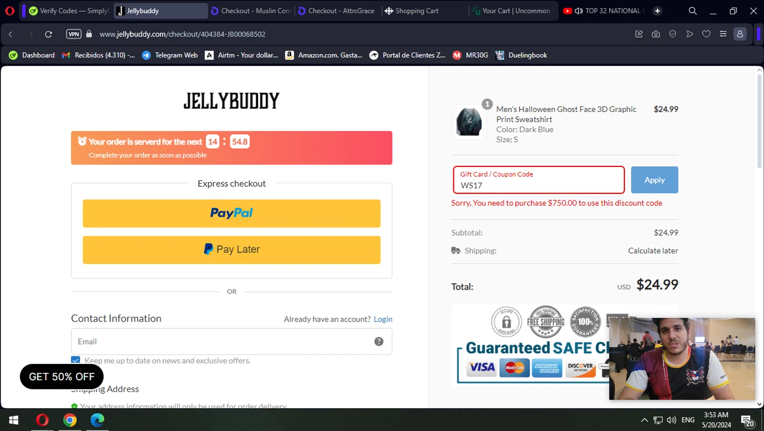 Jellybuddy checkout page showing Jellybuddy coupon code box | Screenshot taken by SimplyCodes community member on May 20, 2024