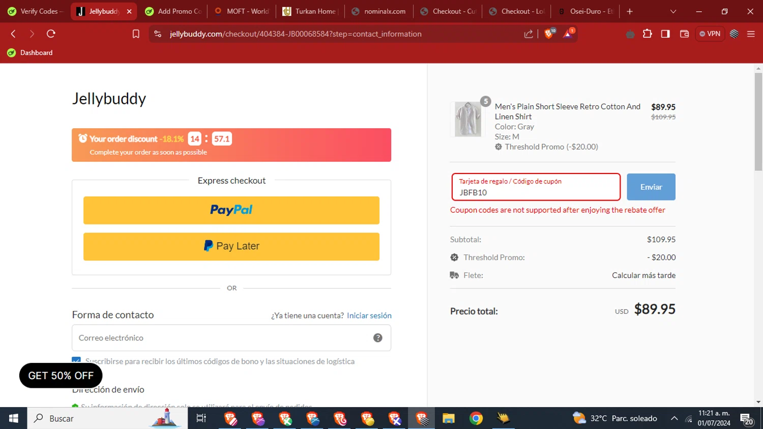 Jellybuddy checkout page showing Jellybuddy coupon code box | Screenshot taken by SimplyCodes community member on Jul 1, 2024