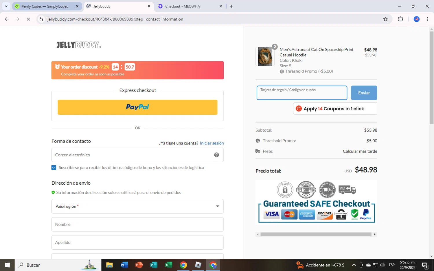 Jellybuddy checkout page showing Jellybuddy coupon code box | Screenshot taken by SimplyCodes community member on Sep 20, 2024