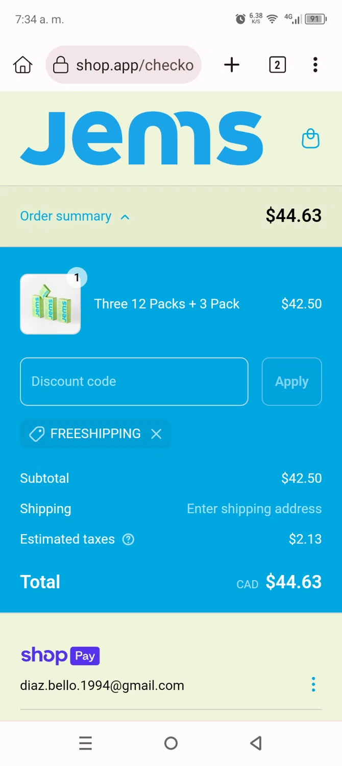 Jems promo code screenshot showing code FREESHIPPING applied at Jems checkout page. Uploaded by SimplyCodes community member Anthony_Diaz on May 13, 2025