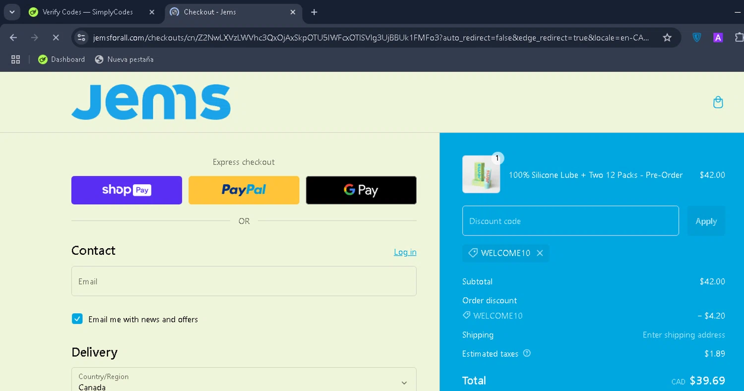 Jems promo code screenshot showing code WELCOME10 applied at Jems checkout page. Uploaded by SimplyCodes community member Rengoku on Jan 28, 2025