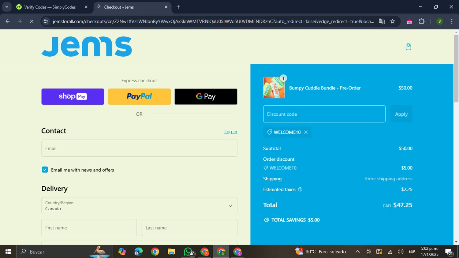 Jems promo code screenshot showing code WELCOME10 applied at Jems checkout page. Uploaded by SimplyCodes community member RewardMaverick445 on Jan 17, 2025