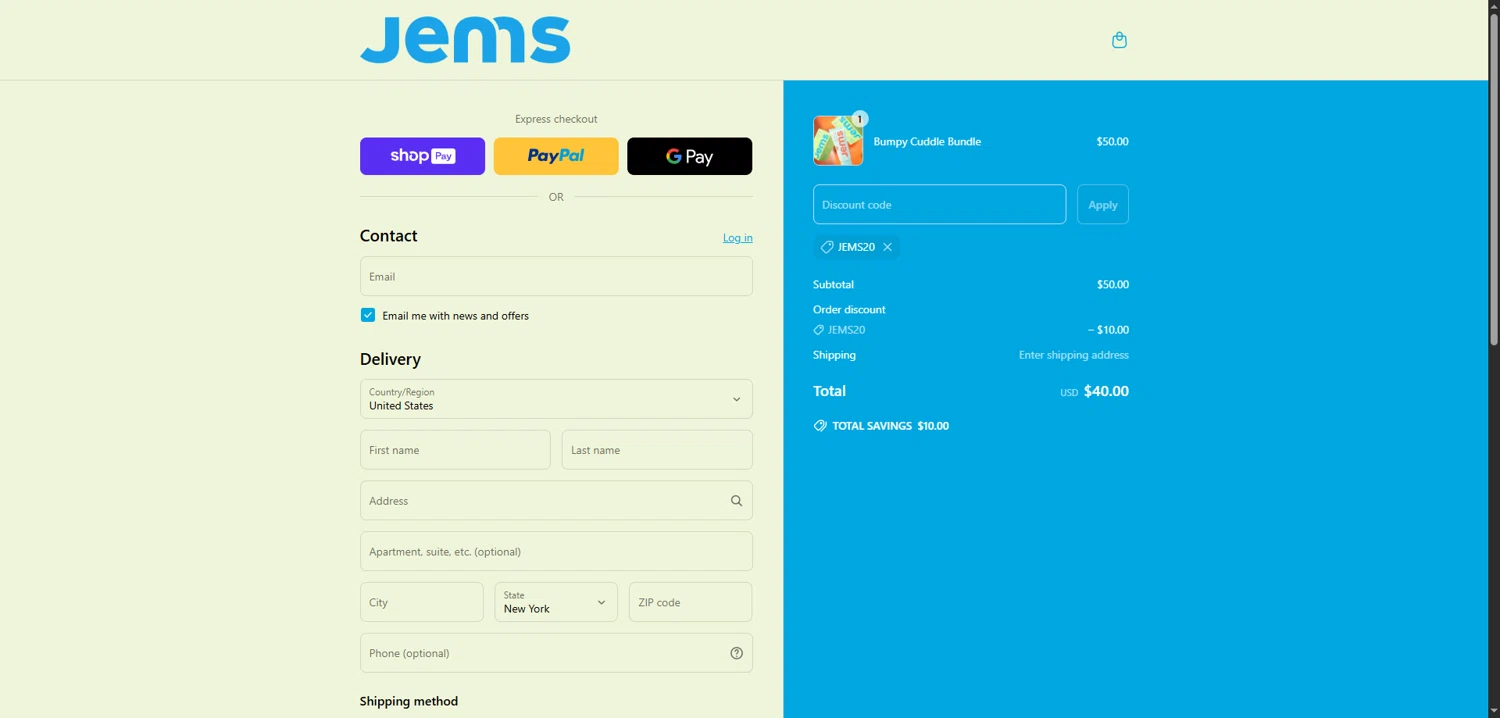 Jems promo code screenshot showing code JEMS20 applied at Jems checkout page. Uploaded by SimplyCodes community member BonusFox1297 on Jun 30, 2025