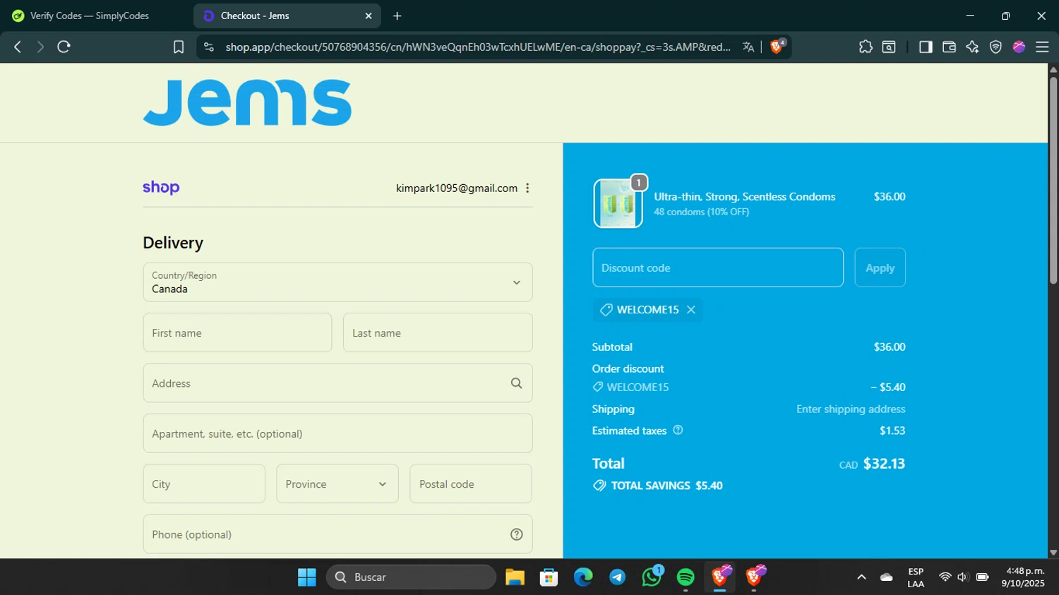 Jems promo code screenshot showing code WELCOME15 applied at Jems checkout page. Uploaded by SimplyCodes community member Guacamole_Picante on Oct 9, 2025
