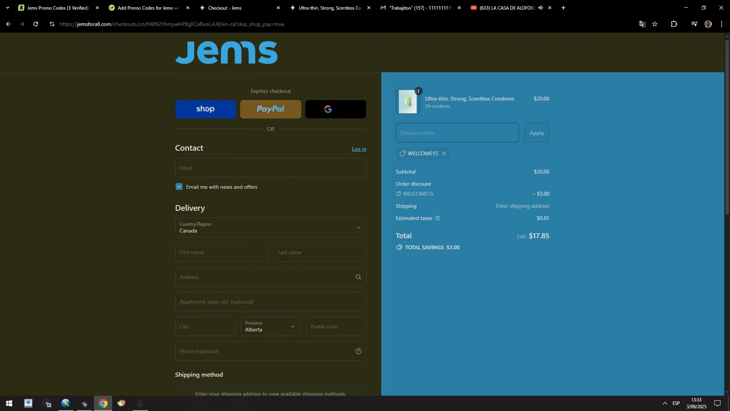 Jems promo code screenshot showing code WELCOME15 applied at Jems checkout page. Uploaded by SimplyCodes community member MarcosAranguren on Sep 3, 2025