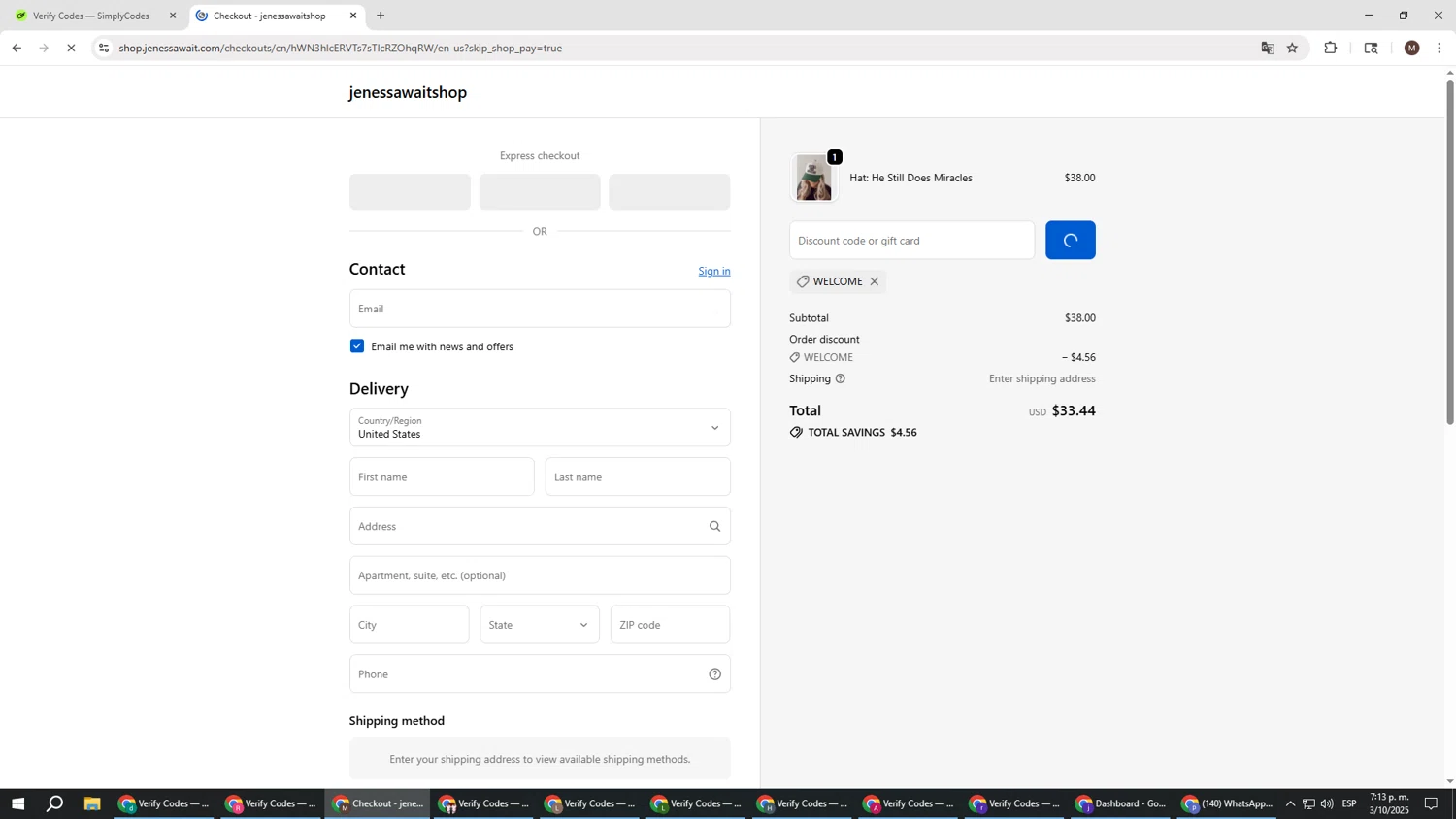 Jenessa Wait coupon code screenshot showing code WELCOME applied at Jenessa Wait checkout page. Uploaded by SimplyCodes community member KTMCRF on Oct 3, 2025