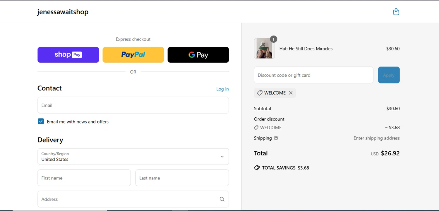 Jenessa Wait coupon code screenshot showing code WELCOME applied at Jenessa Wait checkout page. Uploaded by SimplyCodes community member Sebastiangil on May 18, 2025