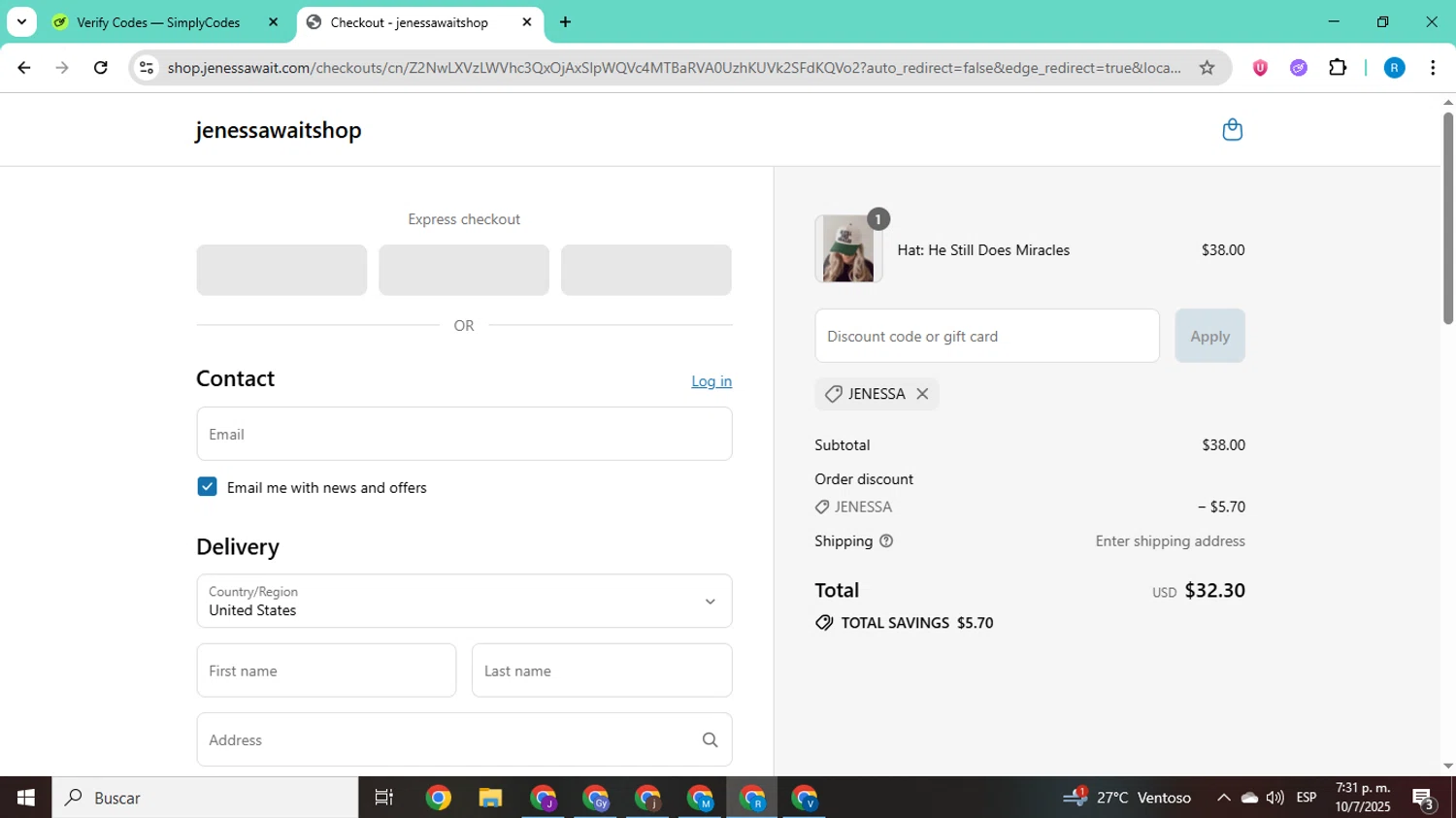 Jenessa Wait coupon code screenshot showing code JENESSA applied at Jenessa Wait checkout page. Uploaded by SimplyCodes community member CodeShopper8605 on Jul 10, 2025