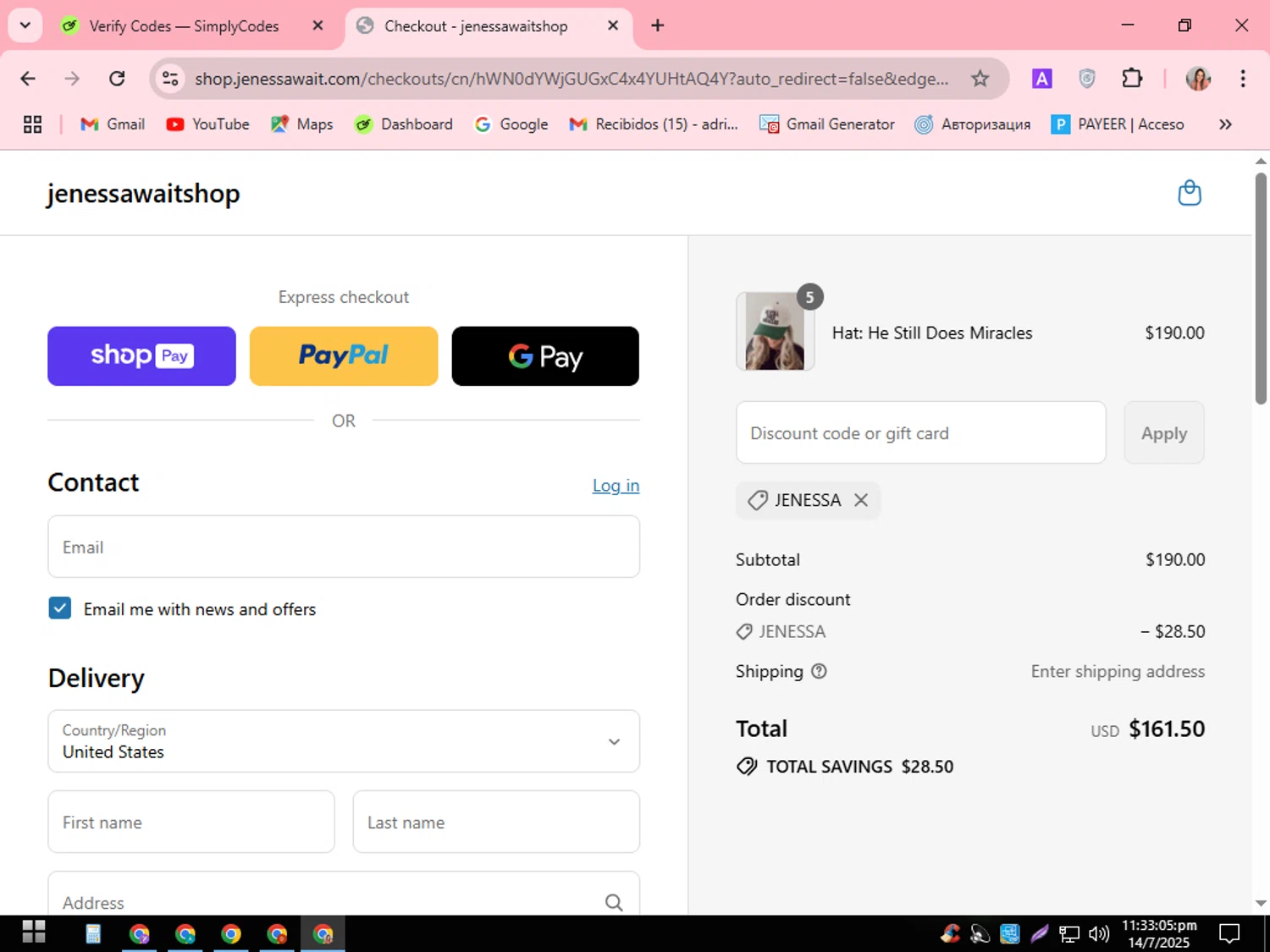 Jenessa Wait coupon code screenshot showing code JENESSA applied at Jenessa Wait checkout page. Uploaded by SimplyCodes community member SilverEagle2538 on Jul 15, 2025