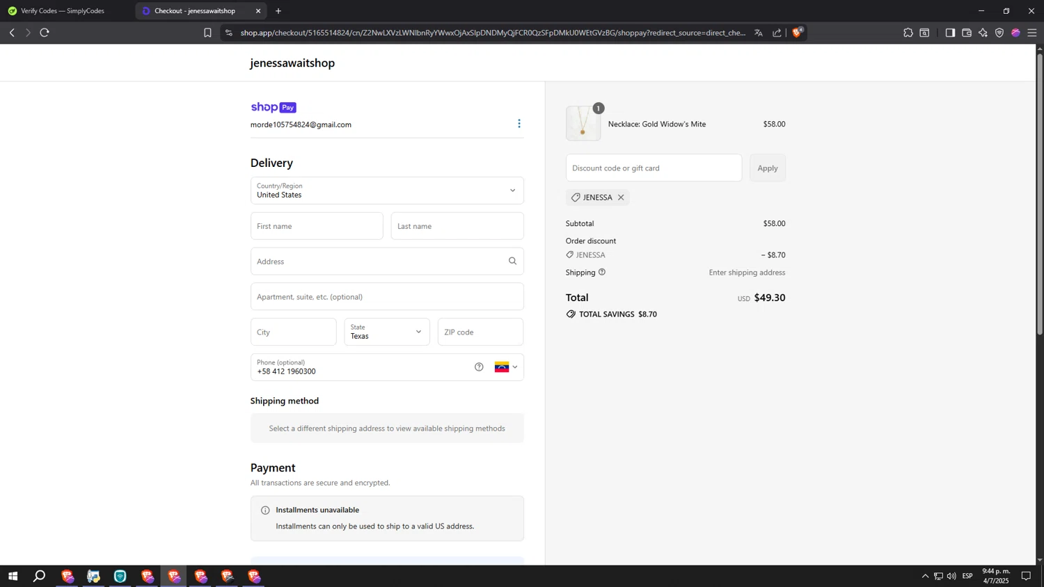 Jenessa Wait coupon code screenshot showing code JENESSA applied at Jenessa Wait checkout page. Uploaded by SimplyCodes community member lllllllllllllll on Jul 5, 2025