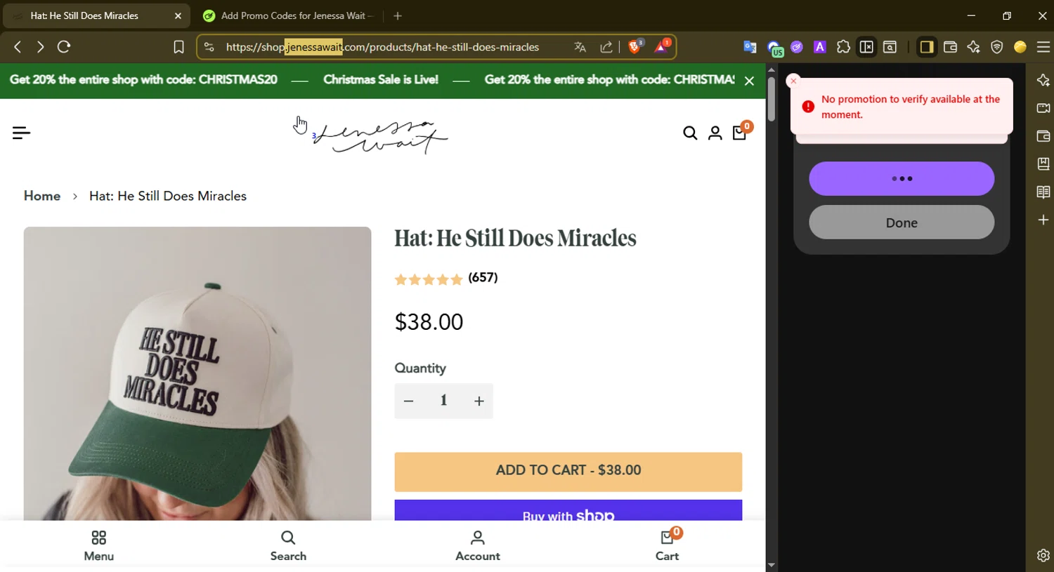 Jenessa Wait coupon code screenshot showing code christmas20 applied at Jenessa Wait checkout page. Uploaded by SimplyCodes community member Jisus007 on Dec 4, 2025