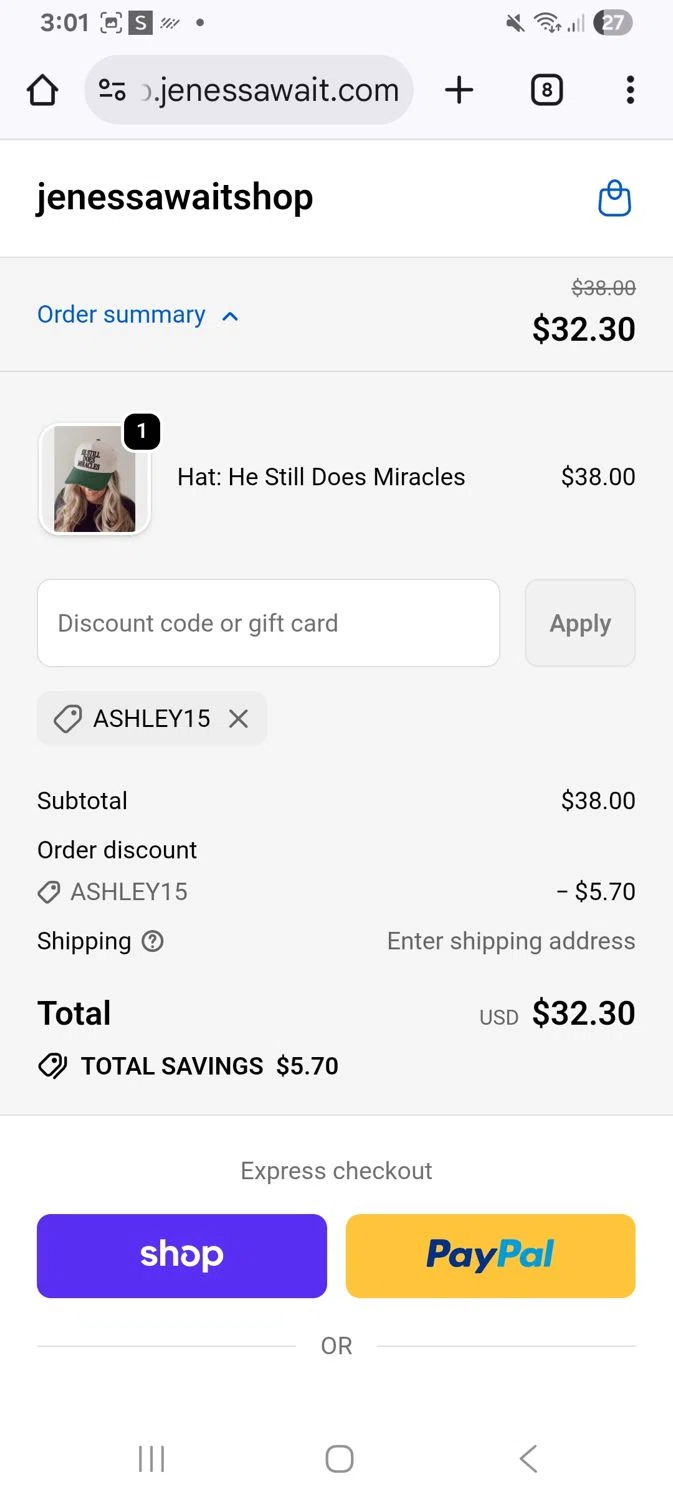 Jenessa Wait coupon code screenshot showing code Ashley15 applied at Jenessa Wait checkout page. Uploaded by SimplyCodes community member KarinaHZ on Dec 4, 2025