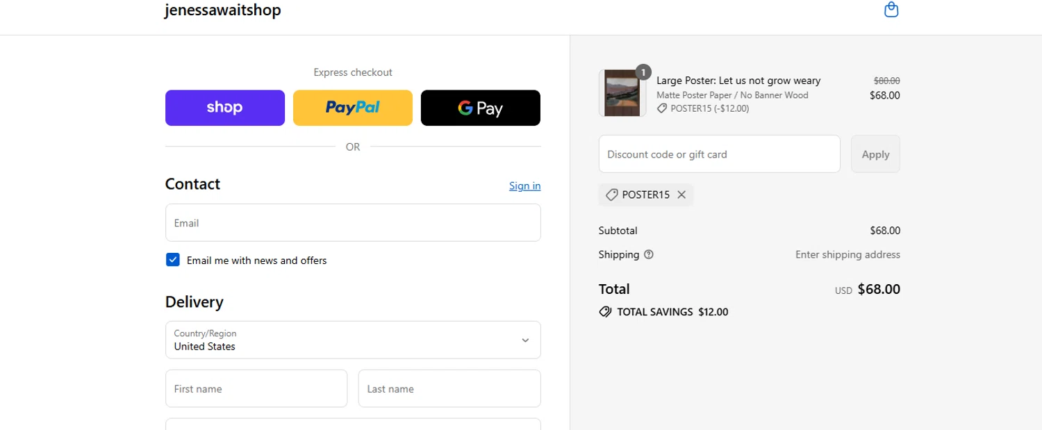 Jenessa Wait coupon code screenshot showing code POSTER15 applied at Jenessa Wait checkout page. Uploaded by SimplyCodes community member ashe1986 on Sep 16, 2025