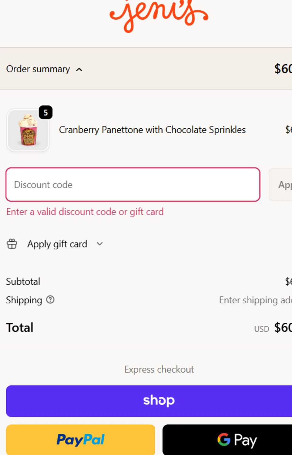 Jeni's Splendid Ice Creams promo code screenshot showing code FREESHIP applied at Jeni's Splendid Ice Creams checkout page. Uploaded by SimplyCodes community member CleverLynx5188 on Nov 9, 2025