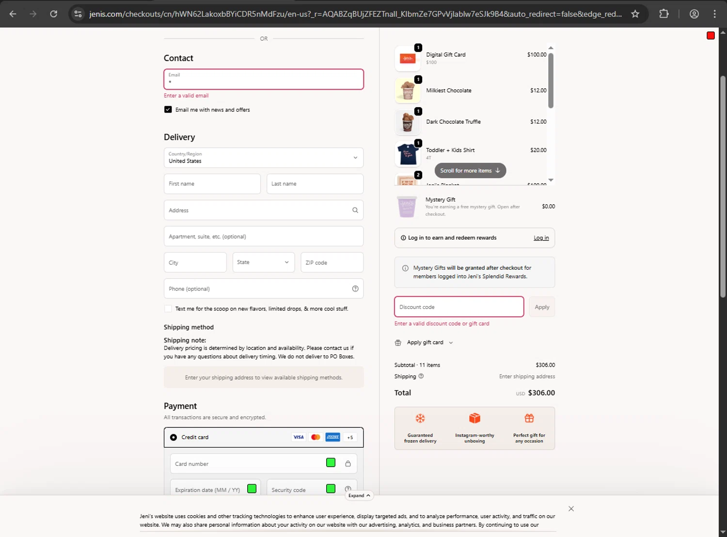 Jeni's Splendid Ice Creams promo code screenshot showing code FREEPINT applied at Jeni's Splendid Ice Creams checkout page. Uploaded by SimplyCodes community member Aljondris97 on Dec 4, 2025