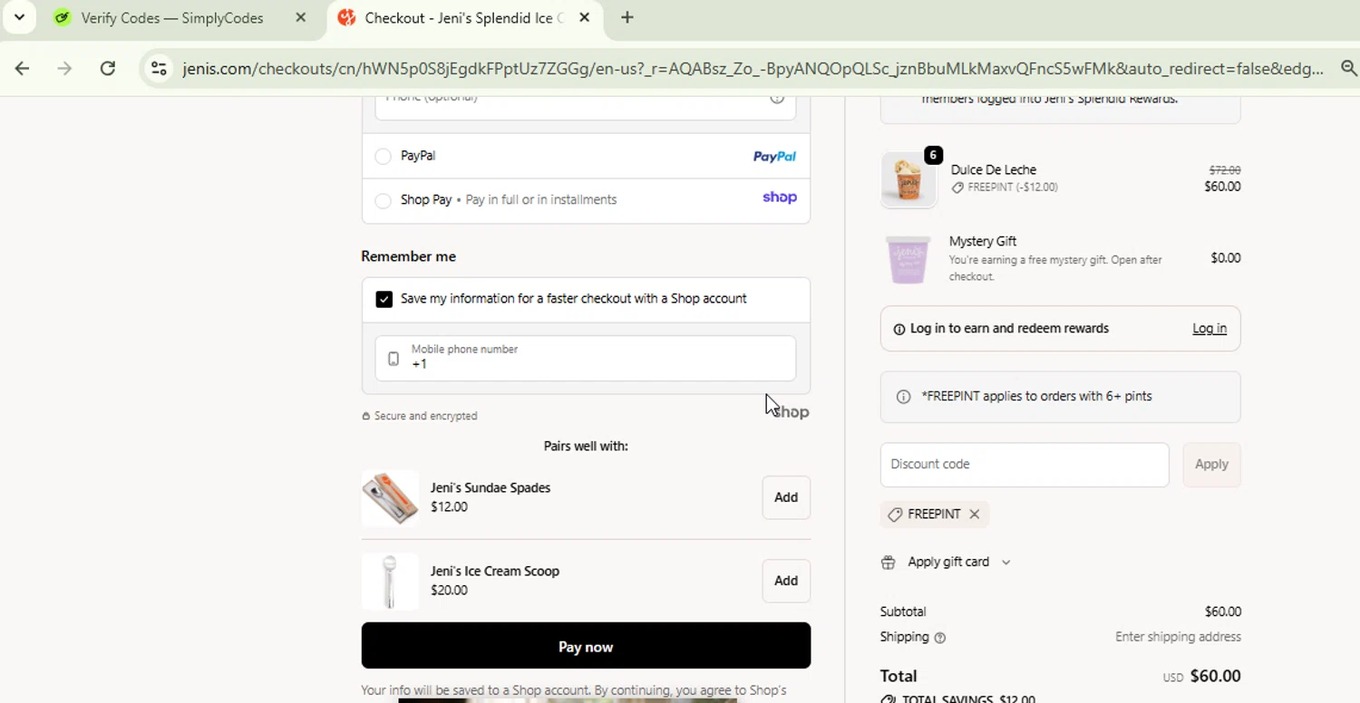 Jeni's Splendid Ice Creams promo code screenshot showing code FREEPINT applied at Jeni's Splendid Ice Creams checkout page. Uploaded by SimplyCodes community member Logoteam on Nov 28, 2025