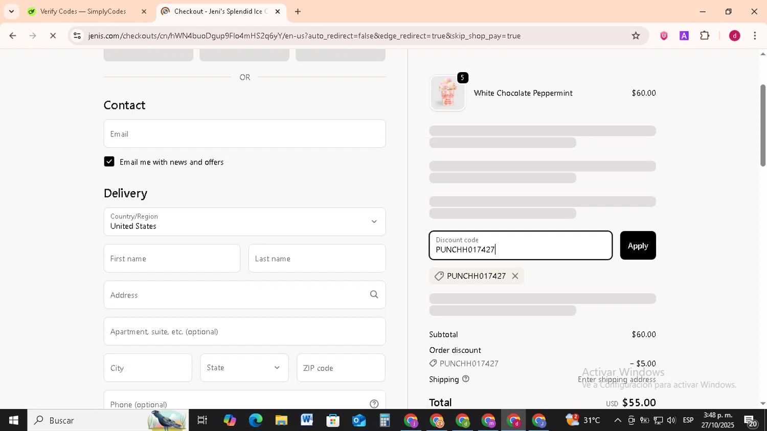 Jeni's Splendid Ice Creams promo code screenshot showing code PUNCHH017427 applied at Jeni's Splendid Ice Creams checkout page. Uploaded by SimplyCodes community member FrugalMonarch7277 on Oct 27, 2025