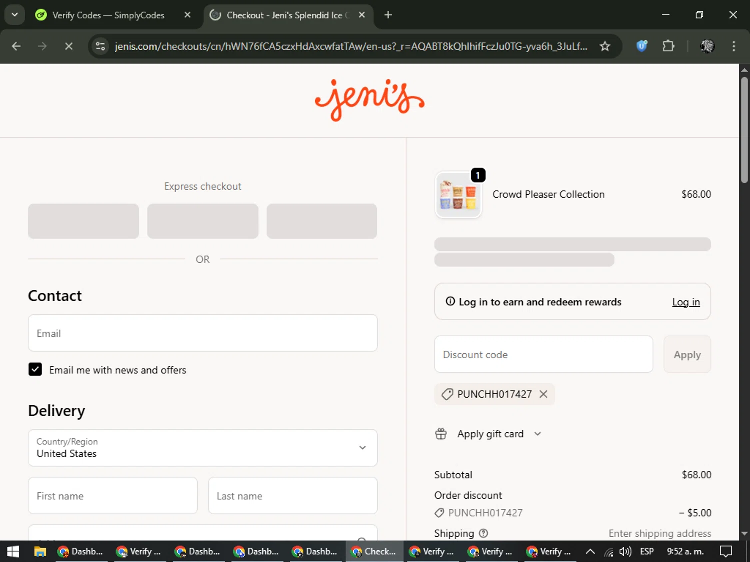 Jeni's Splendid Ice Creams promo code screenshot showing code PUNCHH017427 applied at Jeni's Splendid Ice Creams checkout page. Uploaded by SimplyCodes community member PrimeKnight6101 on Jan 1, 2026
