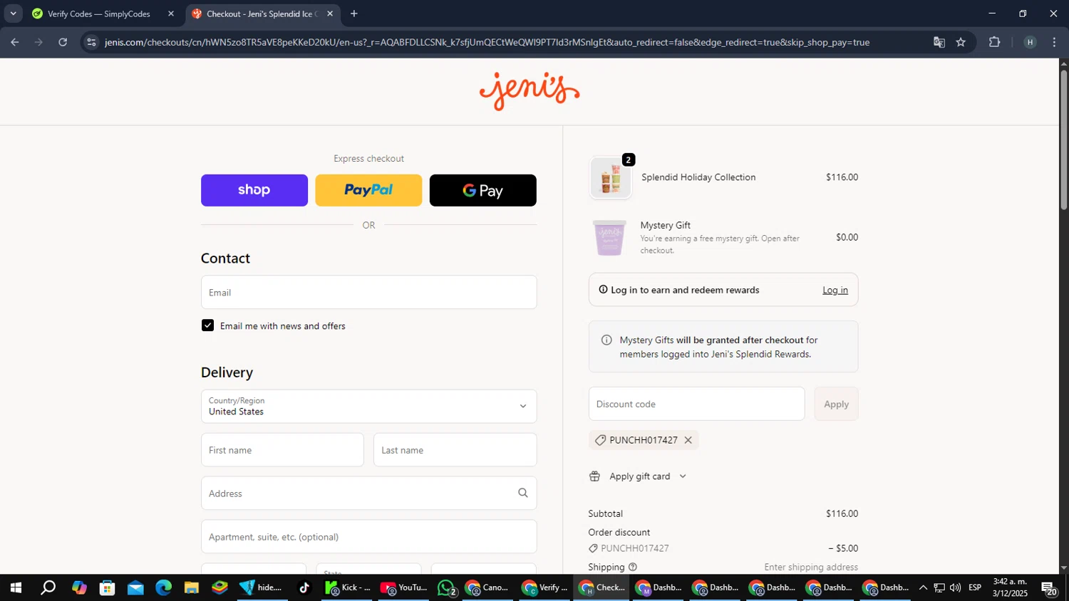 Jeni's Splendid Ice Creams promo code screenshot showing code PUNCHH017427 applied at Jeni's Splendid Ice Creams checkout page. Uploaded by SimplyCodes community member PromoScout8746 on Dec 3, 2025