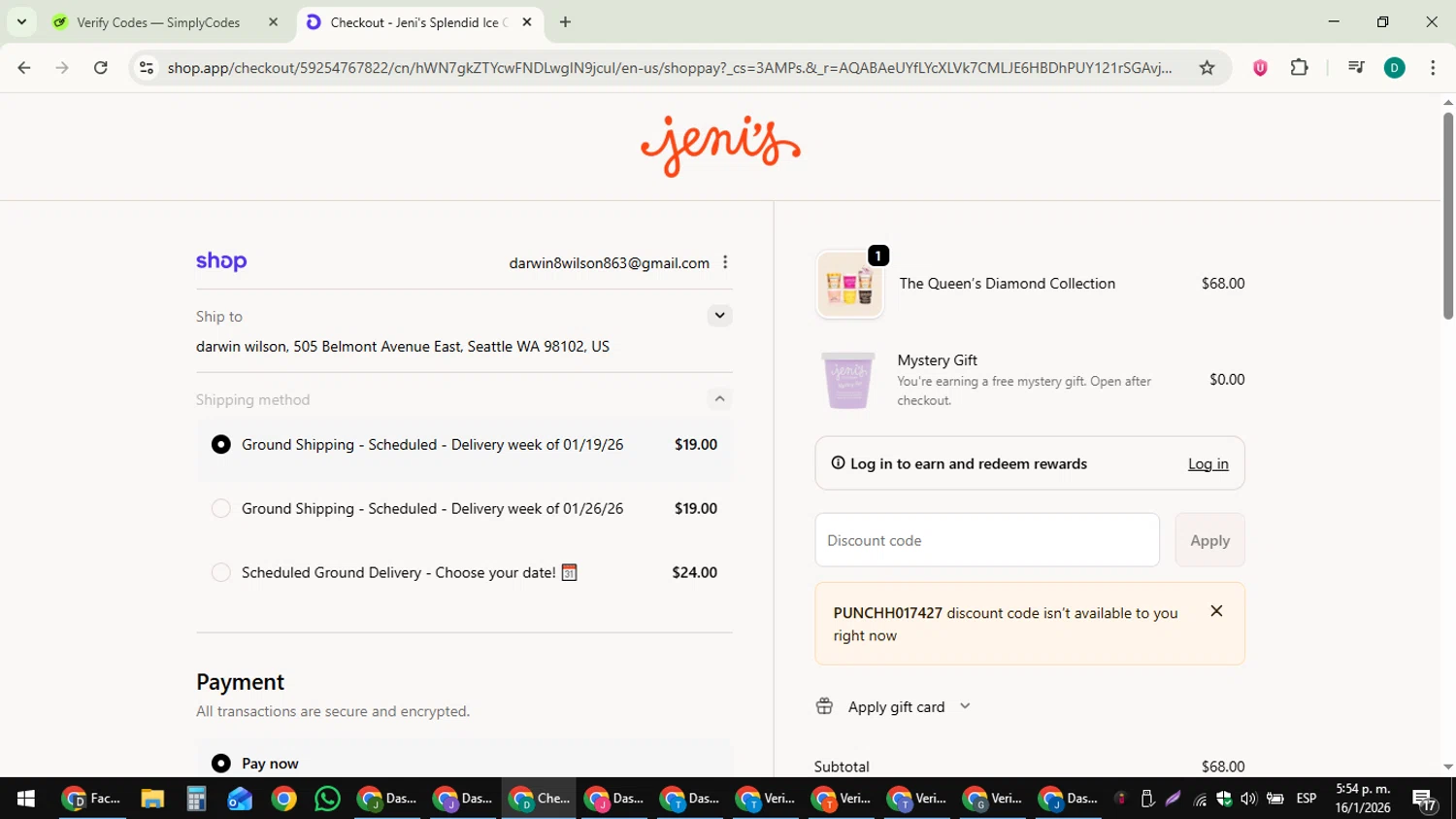 Jeni's Splendid Ice Creams checkout page showing Jeni's Splendid Ice Creams promo code box | Screenshot taken by SimplyCodes community member on Jan 16, 2026