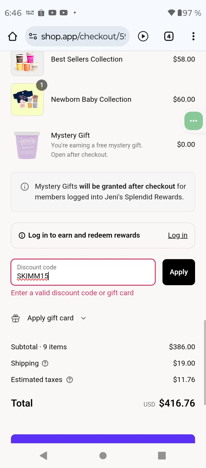 Jeni's Splendid Ice Creams promo code screenshot showing code SKIMM15 applied at Jeni's Splendid Ice Creams checkout page. Uploaded by SimplyCodes community member MightyTracker6651 on Aug 19, 2025
