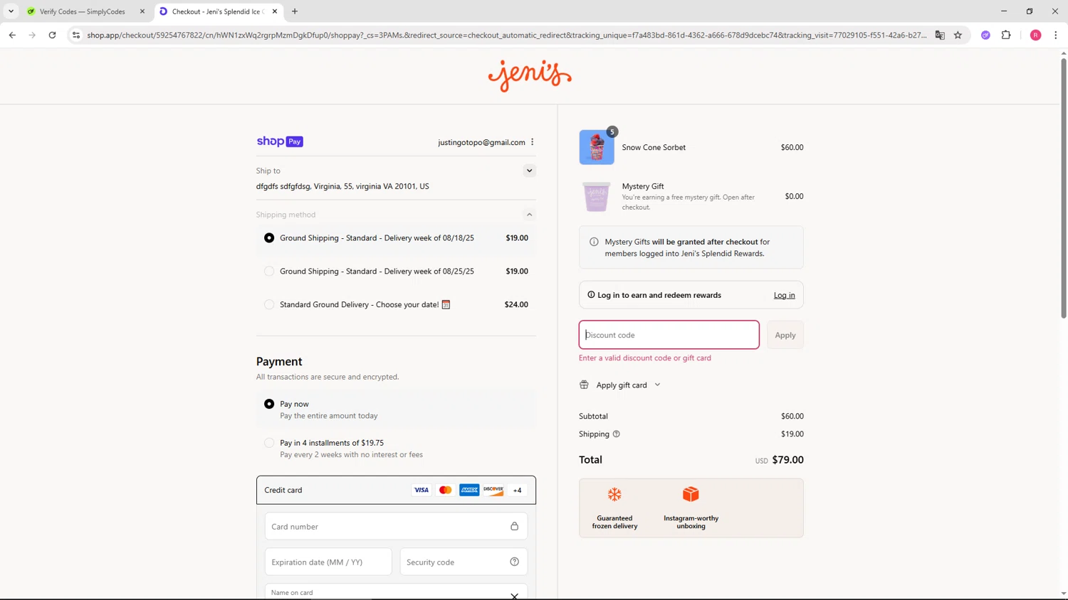Jeni's Splendid Ice Creams promo code screenshot showing code SKIMM15 applied at Jeni's Splendid Ice Creams checkout page. Uploaded by SimplyCodes community member TTTT55 on Aug 20, 2025