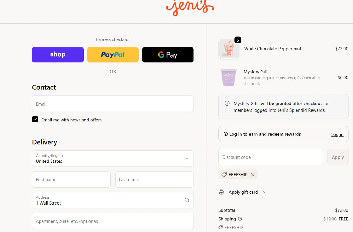 Jeni's Splendid Ice Creams promo code screenshot showing code FREESHIP applied at Jeni's Splendid Ice Creams checkout page. Uploaded by SimplyCodes community member jesspea on Nov 3, 2025