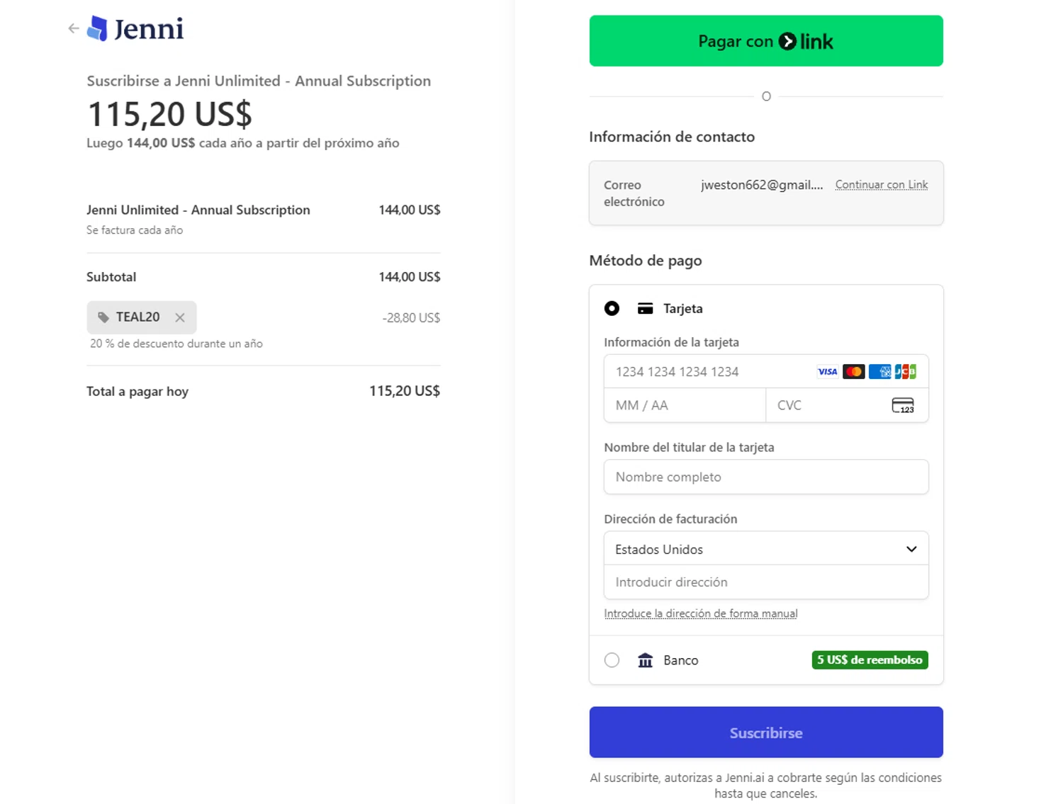 Jenni AI promo code screenshot showing code TEAL20 applied at Jenni AI checkout page. Uploaded by SimplyCodes community member CouponLion324 on Jan 31, 2026