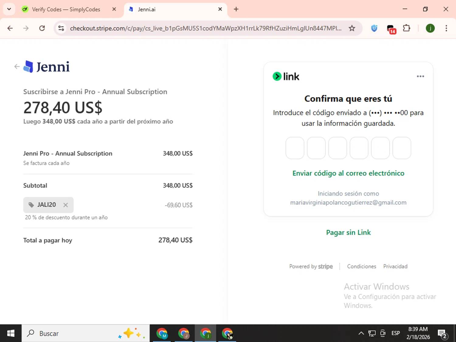 Jenni AI promo code screenshot showing code JALI20 applied at Jenni AI checkout page. Uploaded by SimplyCodes community member SavingsCollector2592 on Feb 18, 2026