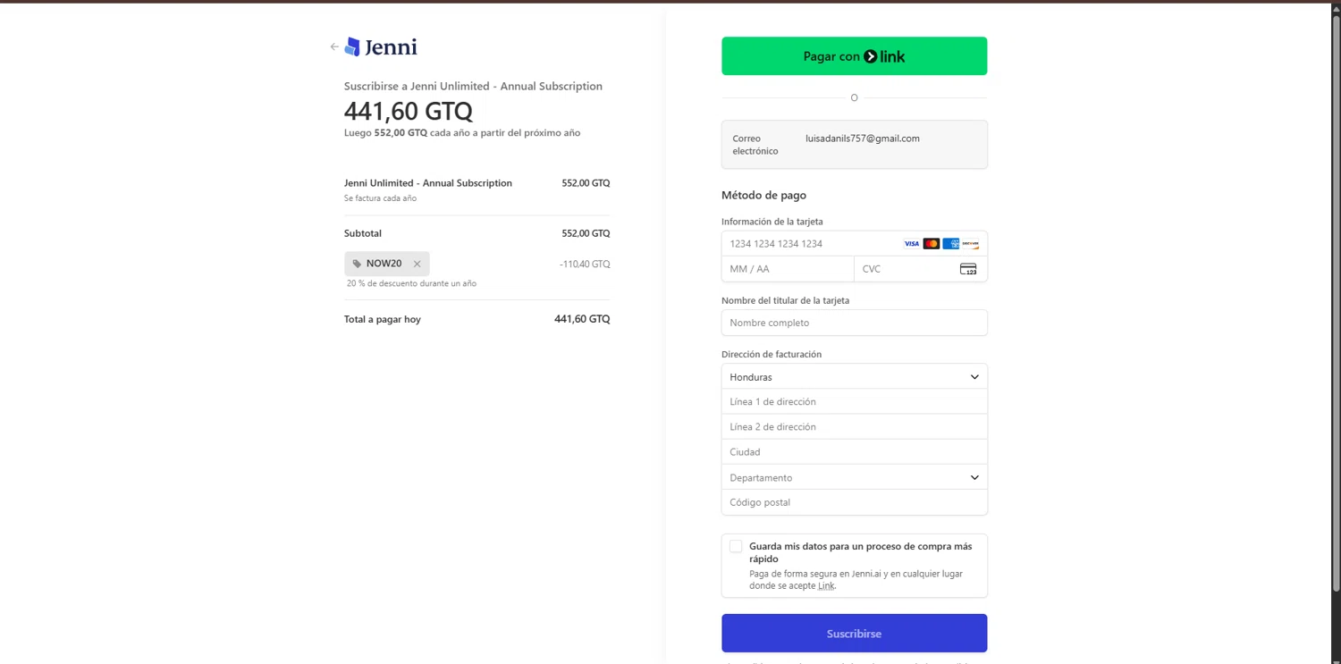 Jenni AI promo code screenshot showing code NOW20 applied at Jenni AI checkout page. Uploaded by SimplyCodes community member BrilliantGenius7871 on Jan 3, 2026