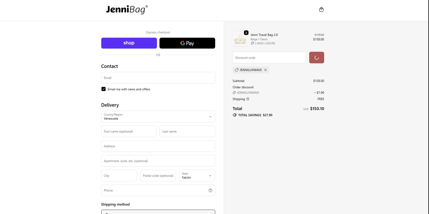 JenniBag discount code screenshot showing code JENNILUXWAVE applied at JenniBag checkout page. Uploaded by SimplyCodes community member SavingsPioneer4533 on Nov 18, 2025