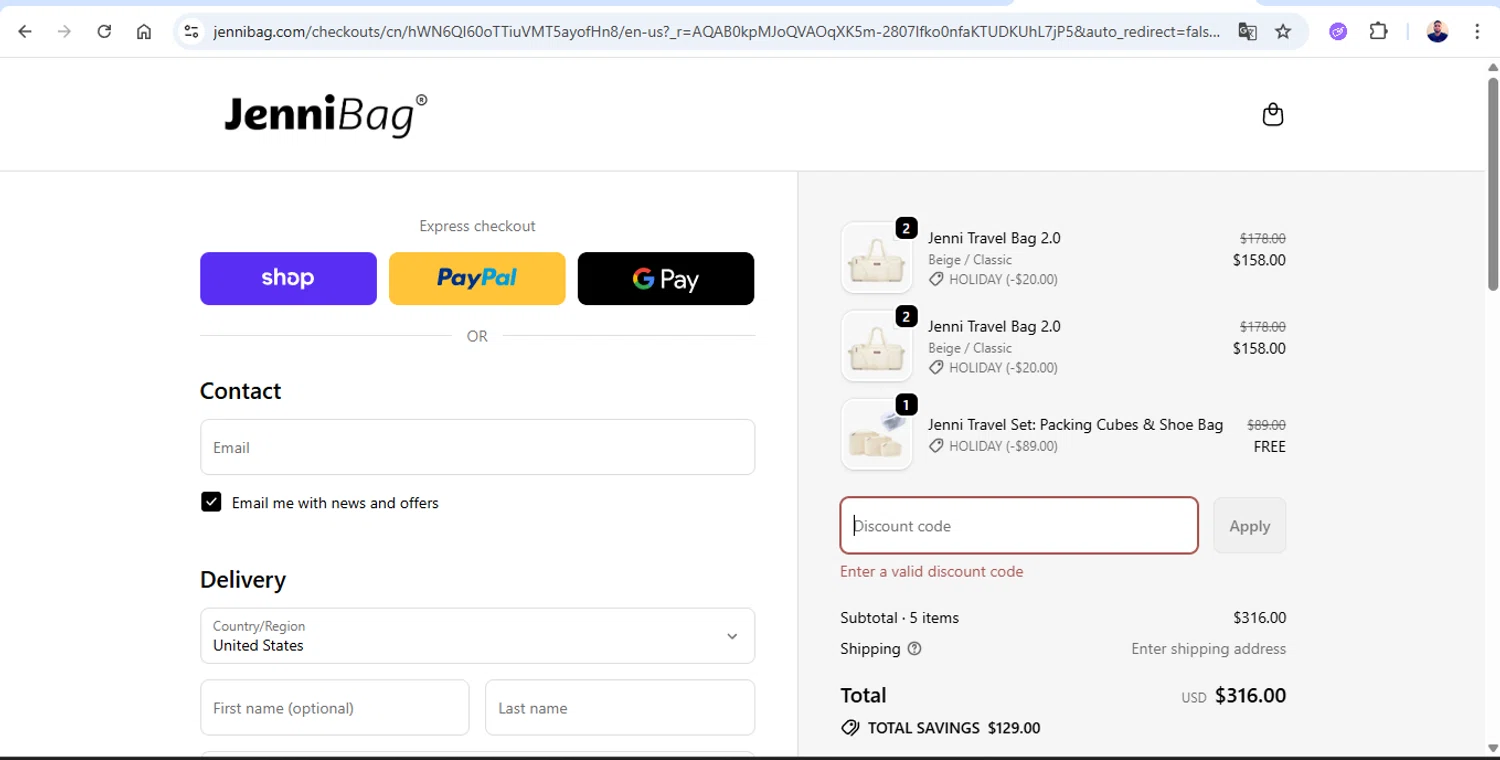 JenniBag discount code screenshot showing code ZHANDRIK applied at JenniBag checkout page. Uploaded by SimplyCodes community member joseg151520 on Dec 14, 2025