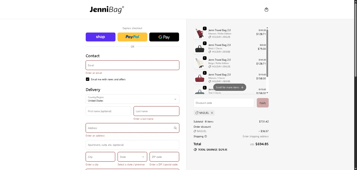 JenniBag checkout page showing JenniBag discount code box | Screenshot taken by SimplyCodes community member on Feb 8, 2026