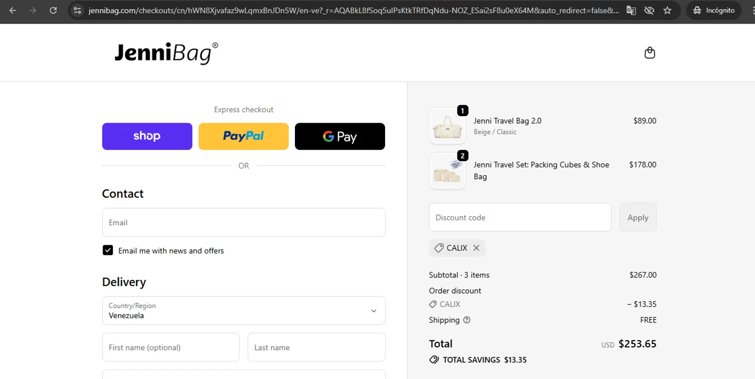 JenniBag checkout page showing JenniBag discount code box | Screenshot taken by SimplyCodes community member on Feb 8, 2026