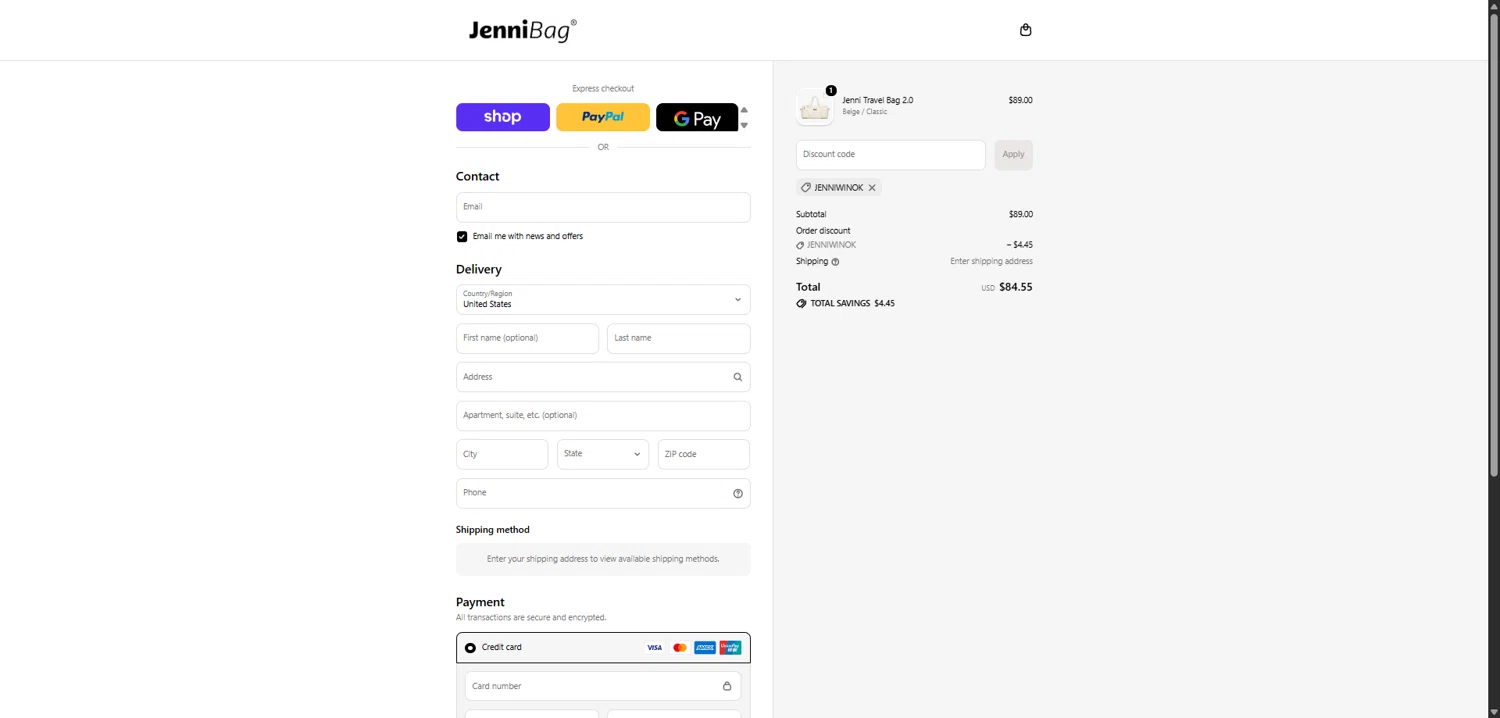 JenniBag checkout page showing JenniBag discount code box | Screenshot taken by SimplyCodes community member on Feb 7, 2026