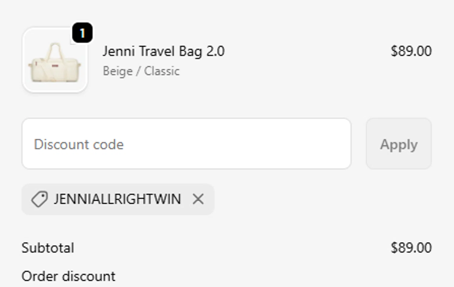 JenniBag discount code screenshot showing code JENNIALLRIGHTWIN applied at JenniBag checkout page. Uploaded by SimplyCodes community member terricameron on Feb 9, 2026