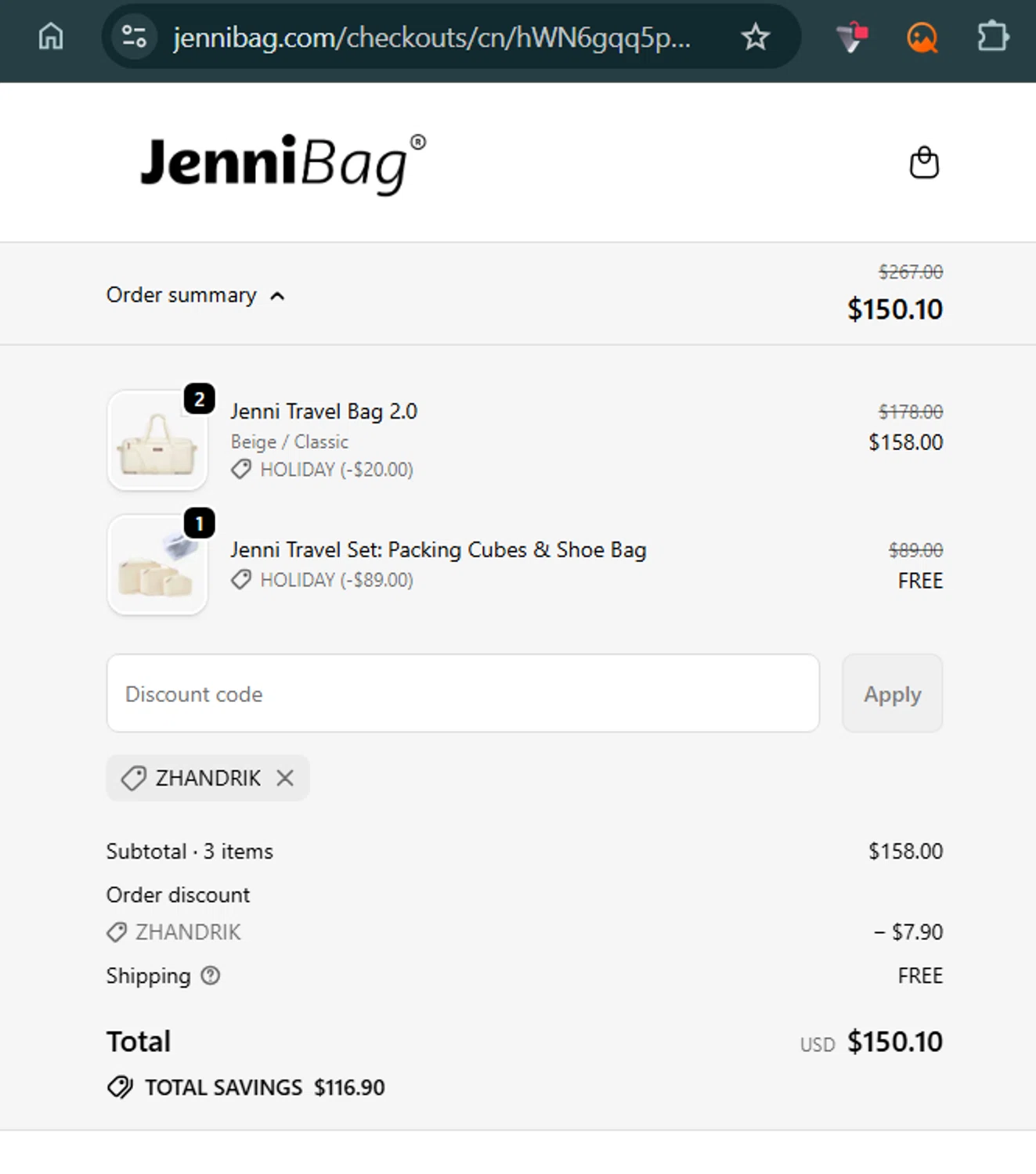 JenniBag discount code screenshot showing code ZHANDRIK applied at JenniBag checkout page. Uploaded by SimplyCodes community member zhandrak on Dec 21, 2025