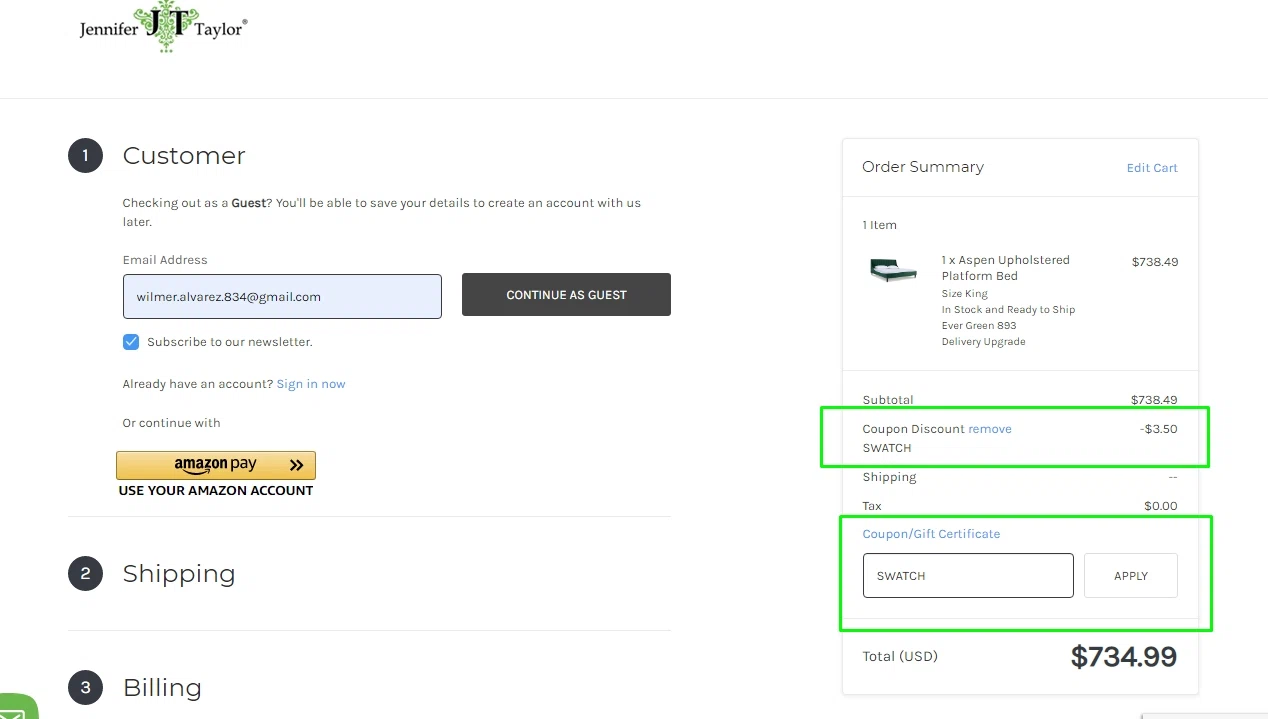 Jennifer Taylor Home checkout page showing Jennifer Taylor Home promo code box | Screenshot taken by SimplyCodes community member on Mar 12, 2021