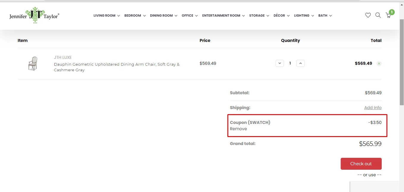 Jennifer Taylor Home checkout page showing Jennifer Taylor Home promo code box | Screenshot taken by SimplyCodes community member on Jan 5, 2021