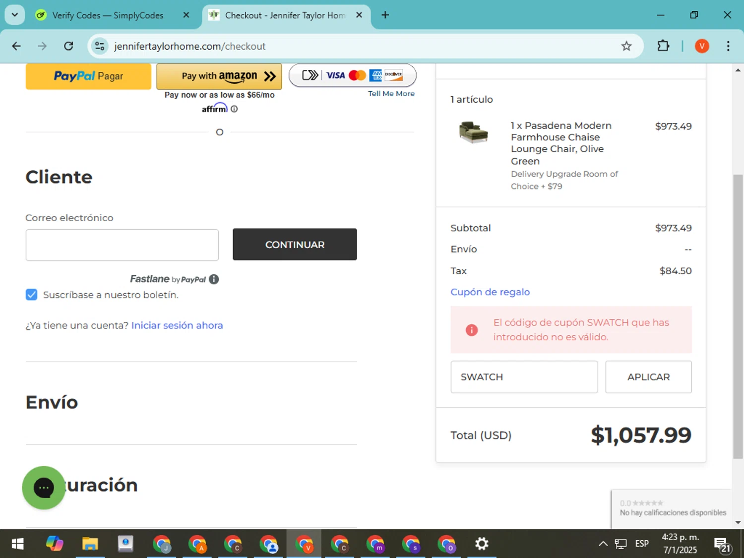 Jennifer Taylor Home promo code screenshot showing code SWATCH applied at Jennifer Taylor Home checkout page. Uploaded by SimplyCodes community member CodeMonarch8148 on Jan 7, 2025