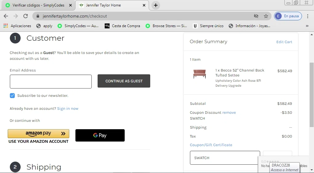 Jennifer Taylor Home checkout page showing Jennifer Taylor Home promo code box | Screenshot taken by SimplyCodes community member on Feb 11, 2021