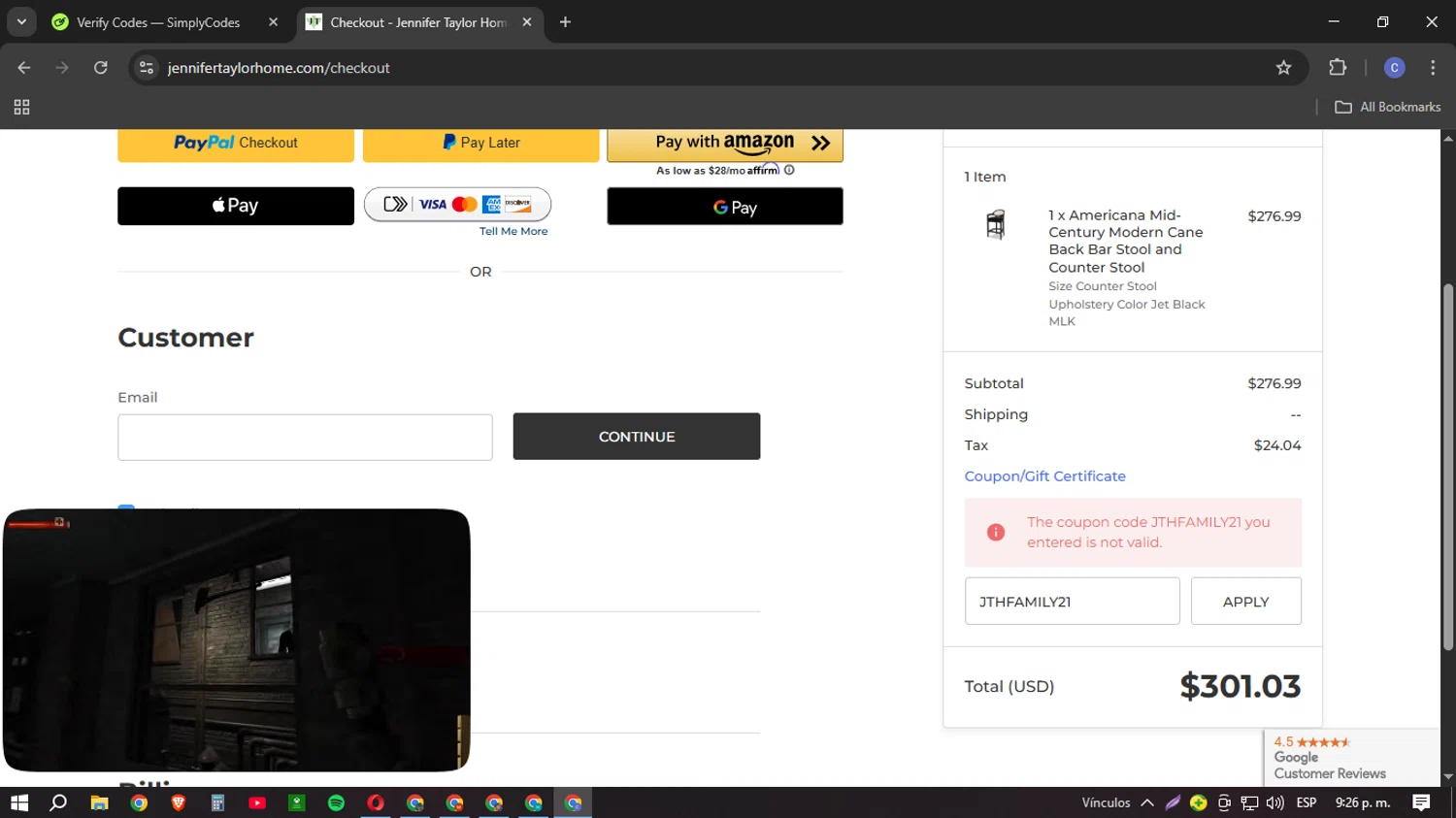 Jennifer Taylor Home promo code screenshot showing code JTHFAMILY21 applied at Jennifer Taylor Home checkout page. Uploaded by SimplyCodes community member Cotu1208 on Mar 7, 2025