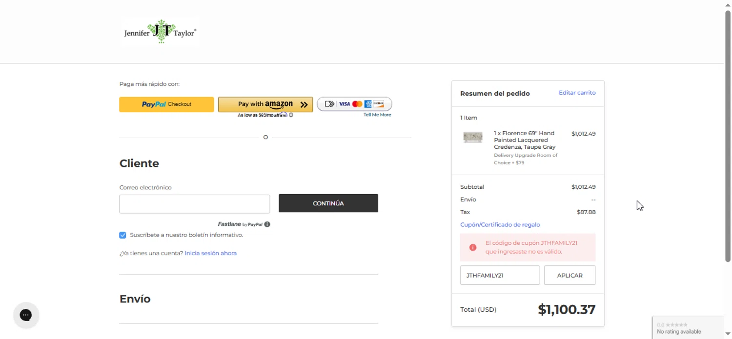Jennifer Taylor Home promo code screenshot showing code JTHFAMILY21 applied at Jennifer Taylor Home checkout page. Uploaded by SimplyCodes community member LuckyPioneer1027 on Mar 7, 2025