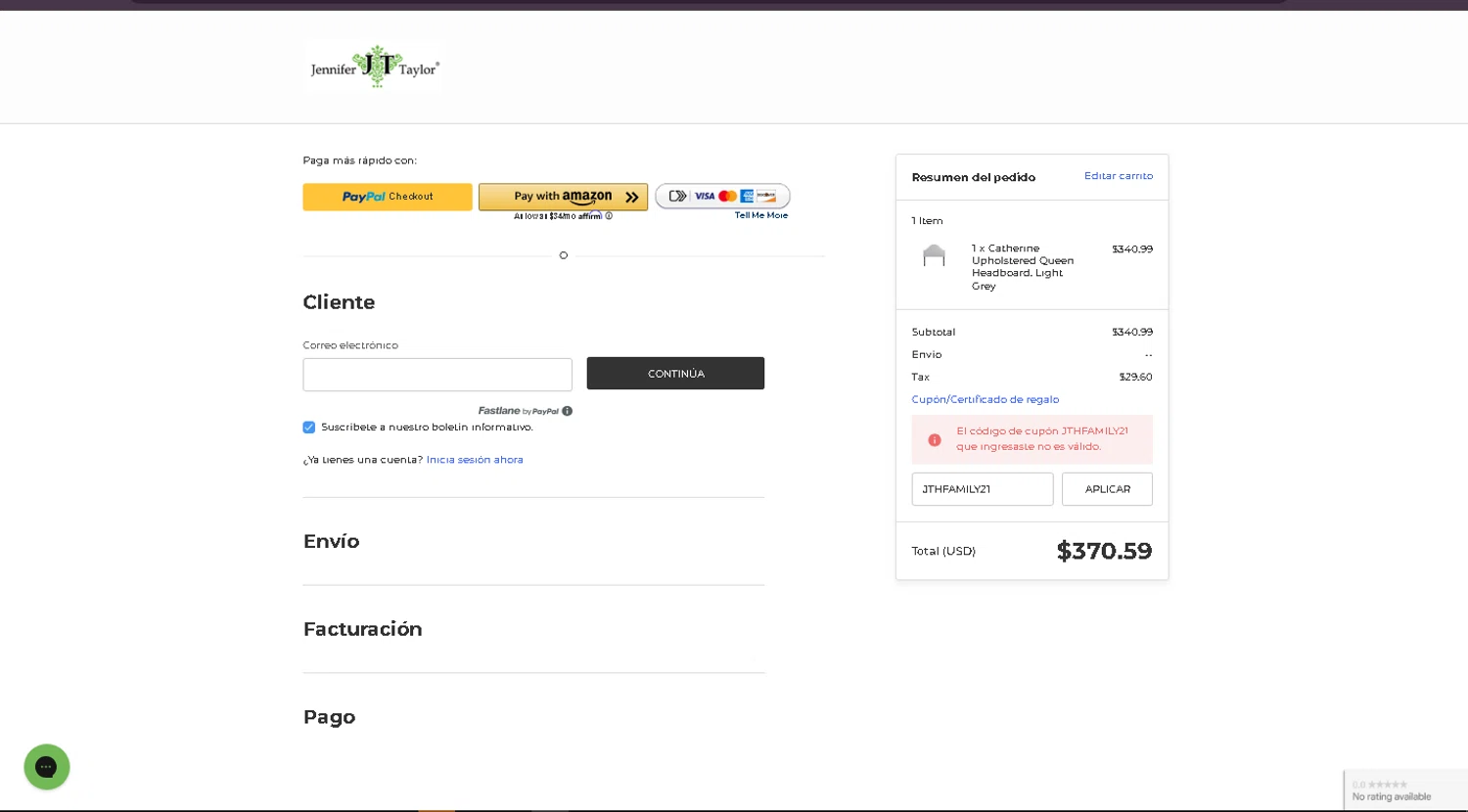 Jennifer Taylor Home promo code screenshot showing code JTHFAMILY21 applied at Jennifer Taylor Home checkout page. Uploaded by SimplyCodes community member oder007 on Feb 7, 2025