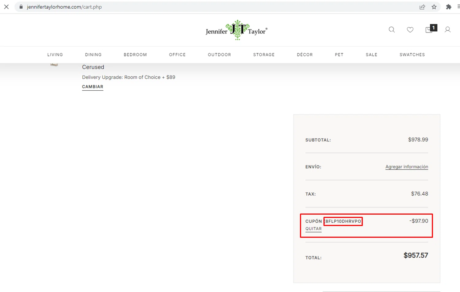 Jennifer Taylor Home promo code screenshot showing code 8FLP10DHRVPO applied at Jennifer Taylor Home checkout page. Uploaded by SimplyCodes community member nileskamarcano on May 25, 2026
