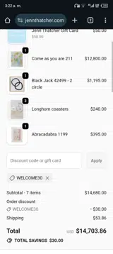 WELCOME30 coupon verification screenshot