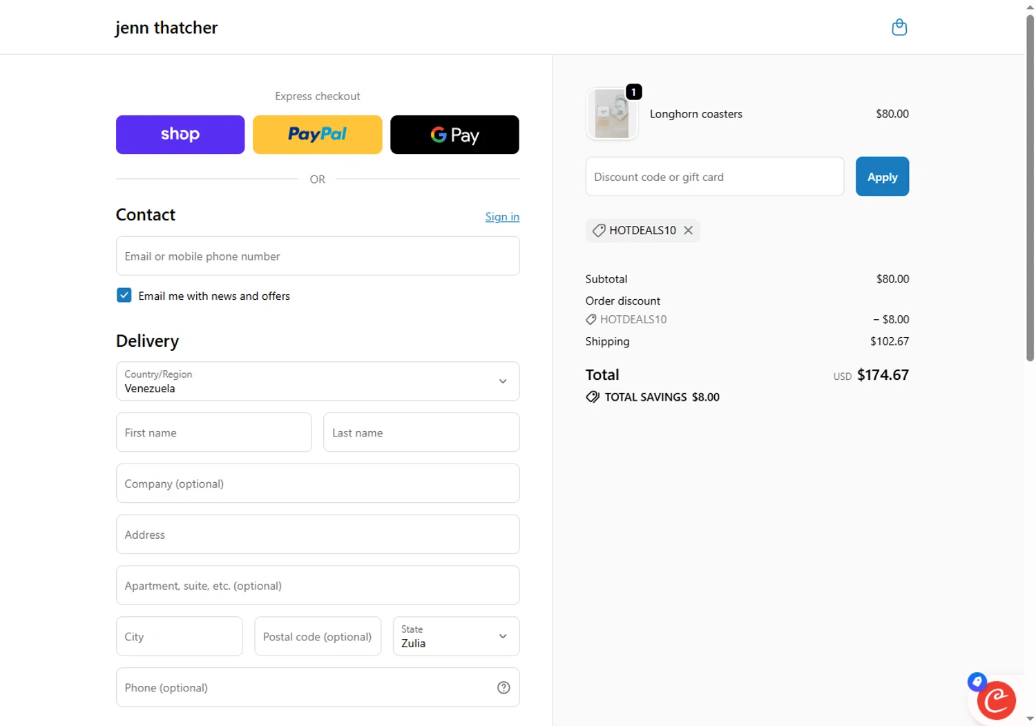 Jenn Thatcher Art promo code screenshot showing code HOTDEALS10 applied at Jenn Thatcher Art checkout page. Uploaded by SimplyCodes community member Sadalsuud on Jun 13, 2026